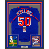 Framed Autographed/Signed Sid Fernandez 33x42 86 WSC NY Blue Jersey JSA COA