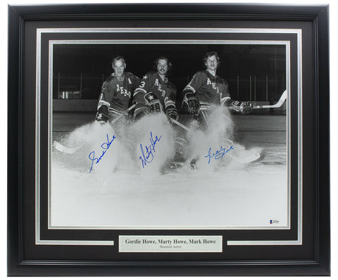 Gordie Howe Marty Howe Mark Howe Signed Framed Houston Aeros 16x20 Photo BAS