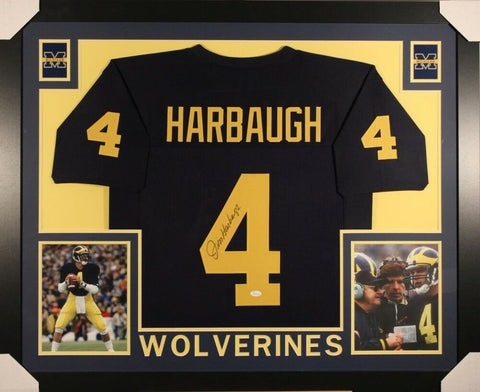 Jim Harbaugh Signed Blue Michigan Wolverines 35x43 Custom Framed Jersey (JSA)