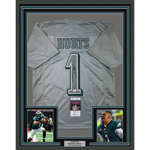 Framed Autographed/Signed Jalen Hurts 35x39 Philadelphia Silver Jersey JSA COA