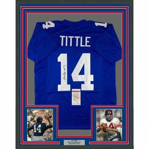 FRAMED Autographed/Signed Y.A. YA TITTLE HOF 33x42 New York Blue Jersey JSA COA