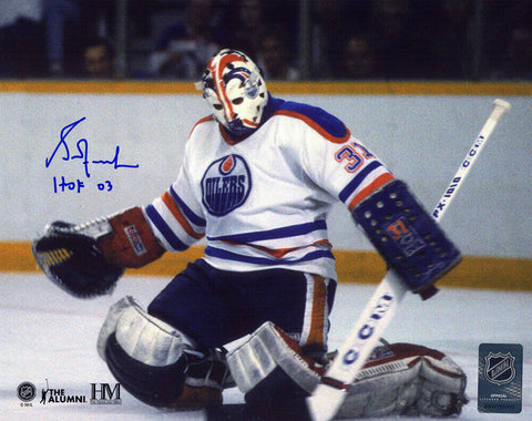 Grant Fuhr Signed Oilers Goalie Action 8x10 Photo w/HOF'03 - (SCHWARTZ COA)