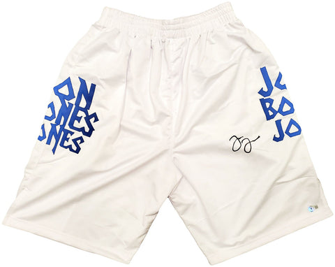 JON BONES JONES AUTOGRAPHED WHITE BOXING TRUNKS BECKETT BAS QR STOCK #200324