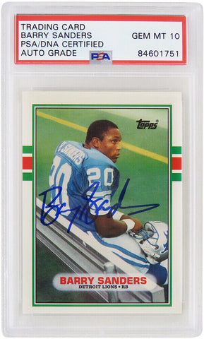 Barry Sanders Autographed Lions 1989 Topps Rookie Card #83T -(PSA/Auto 10)