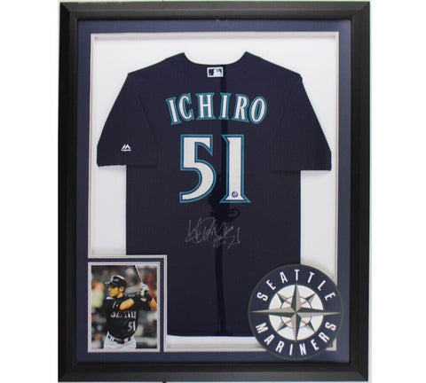 Ichiro Suzuki Signed Seattle Mariners Majestic LED Framed Blue MLB Jersey