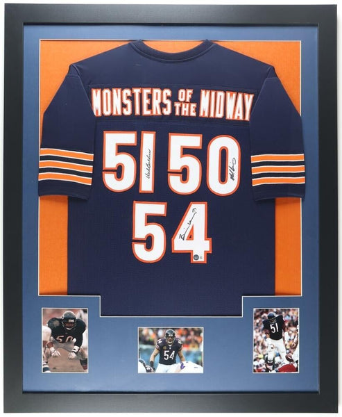 Framed Chicago Bears 3X Signed Singletary Urlacher Butkus Jersey