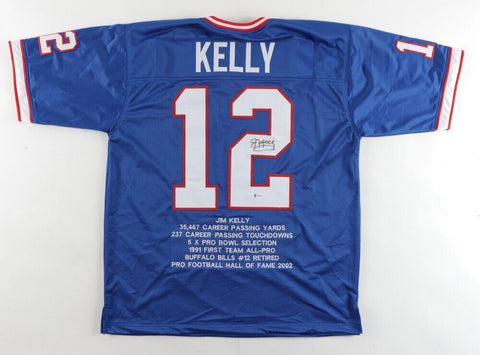 Jim Kelly Signed Buffalo Bills Career Highlight Stat Jersey (Beckett COA) HOF QB