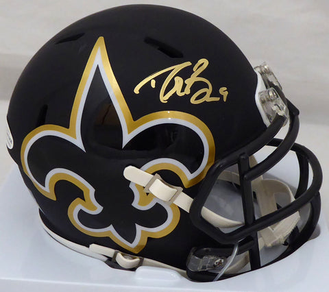 DREW BREES AUTOGRAPHED SAINTS AMP BLACK SPEED MINI HELMET IN GOLD BECKETT 179413