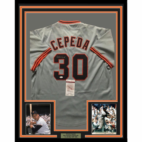 FRAMED Autographed/Signed ORLANDO CEPEDA 33x42 San Francisco Grey Jersey JSA COA