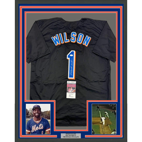 Framed Autographed/Signed Mookie Wilson 35x39 New York Black Jersey JSA COA