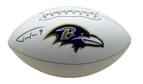 Justin Tucker Signed/Autographed White Ravens Logo Football w/ Stats JSA 189764