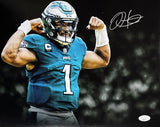 Jalen Hurts Signed Philadelphia Eagles 11x14 Football Flexing Photo JSA