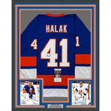 Framed Autographed/Signed Jaroslav Halak 35x39 New York Blue Jersey JSA COA