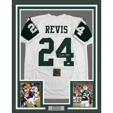 Framed Autographed/Signed Darrelle Revis 35x39 New York White Jersey Beckett COA