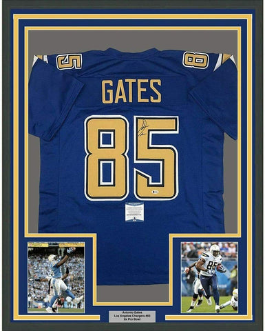 Framed Autographed/Signed Antonio Gates 33x42 LA Color Rush Jersey Beckett COA