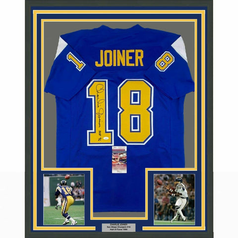 FRAMED Autographed/Signed CHARLIE JOINER HOF 96 33x42 Royal Blue Jersey JSA COA