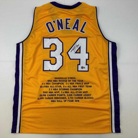 Autographed/Signed Shaquille Shaq O'Neal LA Yellow Stat Jersey Beckett BAS COA