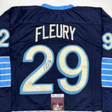 Autographed/Signed Marc-Andre Fleury Pittsburgh Blue WC Hockey Jersey JSA COA