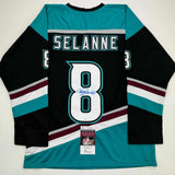 Autographed/Signed Teemu Selanne Anaheim Black Retro Hockey Jersey JSA COA