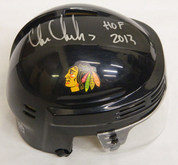 CHRIS CHELIOS Signed Blackhawks Black Hockey Mini Helmet w/HOF 2013 - SCHWARTZ