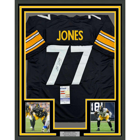 Framed Autographed/Signed Broderick Jones 35x39 Pittsburgh Black Jersey JSA COA