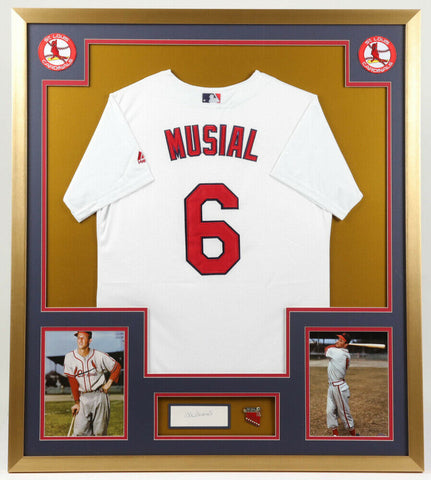 Stan Musial Signed 33x37 Framed Cut Display With Jersey & Musial Pin (JSA COA)