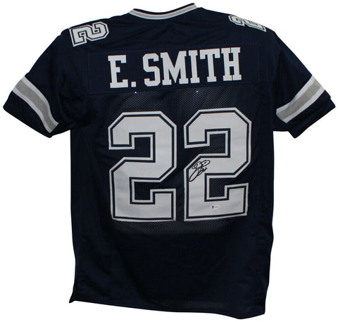 Emmitt Smith Autographed/Signed Pro Style Blue XL Jersey Beckett Witness 32803