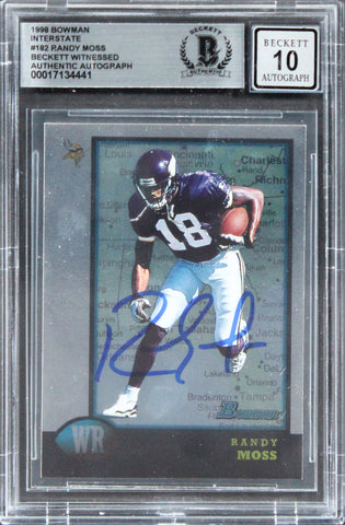 Vikings Randy Moss Signed 1998 Bowman Interstate #182 RC Card Auto 10! BAS Slab