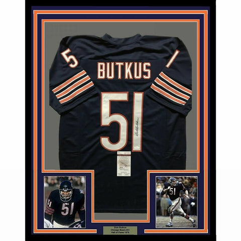 FRAMED Autographed/Signed DICK BUTKUS 33x42 Chicago Blue Jersey JSA COA Auto