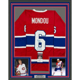 Framed Autographed/Signed Pierre Mondou 3 Cups 77-78-79 35x39 Red Jersey JSA COA