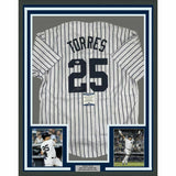 FRAMED Autographed/Signed GLEYBER TORRES 33x42 New York Pinstripe Jersey BAS COA