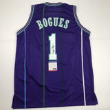 Autographed/Signed MUGGSY BOGUES Charlotte Purple Basketball Jersey PSA/DNA COA