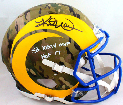 Kurt Warner Signed Rams Authentic Camo Speed F/S Helmet 2Insc- Beckett W *B/W