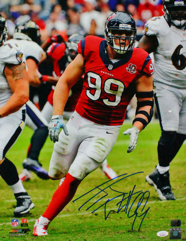 JJ Watt Autographed Houston Texans 16x20 Red Jersey Photo- JSA W /Holo *Blue