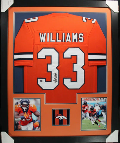 JAVONTE WILLIAMS (Broncos orange TOWER) Signed Autograph Framed Jersey Beckett