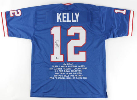 Jim Kelly Signed Buffalo Bill Career Highlight Stat Jersey (Beckett) HOF 2002 QB