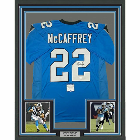 FRAMED Autographed/Signed CHRISTIAN MCCAFFREY 33x42 Blue Football Jersey BAS COA