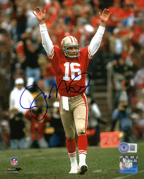 Joe Montana Signed 49ers Arms Raised Red Jersey 8x10 Photo - (BECKETT COA)