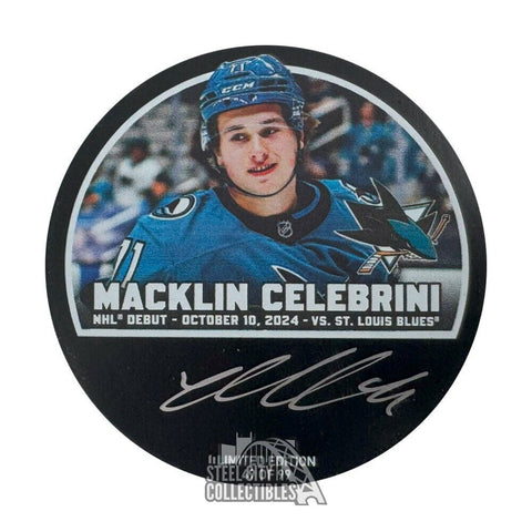 Macklin Celebrini Autographed San Jose Sharks Debut Hockey Puck /99 - Fanatics