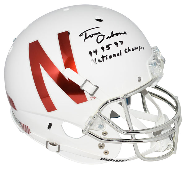 TOM OSBORNE SIGNED NEBRASKA CORNHUSKERS WHITE FULL SIZE HELMET W/ 3X CHAMPS