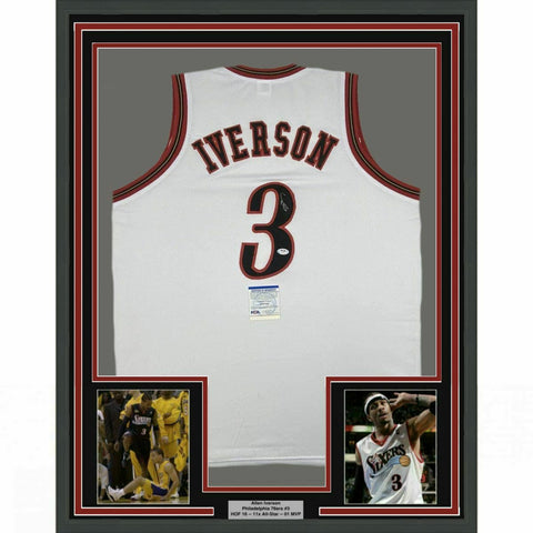 FRAMED Autographed/Signed ALLEN IVERSON 33x42 Philadelphia White Jersey PSA COA