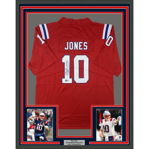 FRAMED Autographed/Signed MAC JONES 33x42 Red Football Jersey Beckett BAS COA