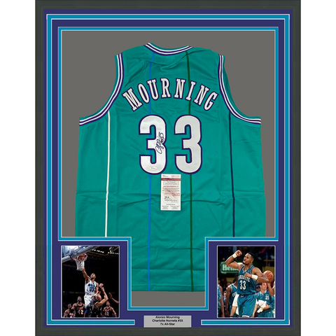 Framed Autographed/Signed Alonzo Mourning 33x42 Charlotte Teal Jersey JSA COA