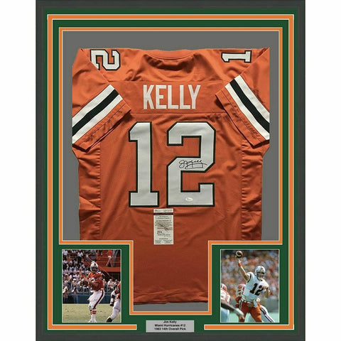 FRAMED Autographed/Signed JIM KELLY 33x42 Miami Orange College Jersey JSA COA