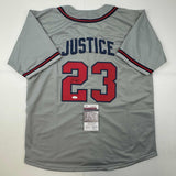 Autographed/Signed David Justice Atlanta Grey Baseball Jersey JSA COA