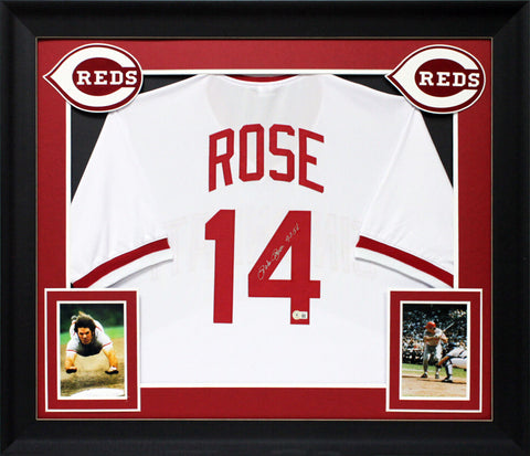 Pete Rose "4256" Signed White Pro Style Framed Jersey w/ Silver Sig BAS Witness