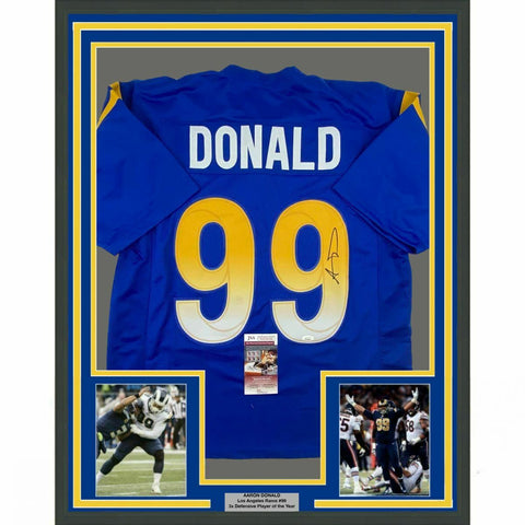 FRAMED Autographed/Signed AARON DONALD 33x42 Los Angeles Royal Jersey JSA COA