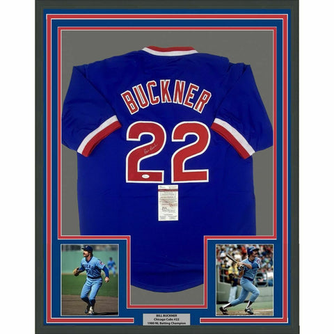 FRAMED Autographed/Signed BILL BUCKNER 33x42 Chicago Blue Jersey JSA COA Auto