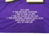 RAVENS RAY LEWIS AUTOGRAPHED SIGNED PURPLE FOOTBALL JERSEY WITH STATS JSA 228090