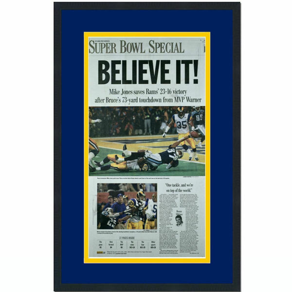 Framed St. Louis Post Dispatch Rams Super Bowl XXXIV Newspaper Cover 17x27 Photo